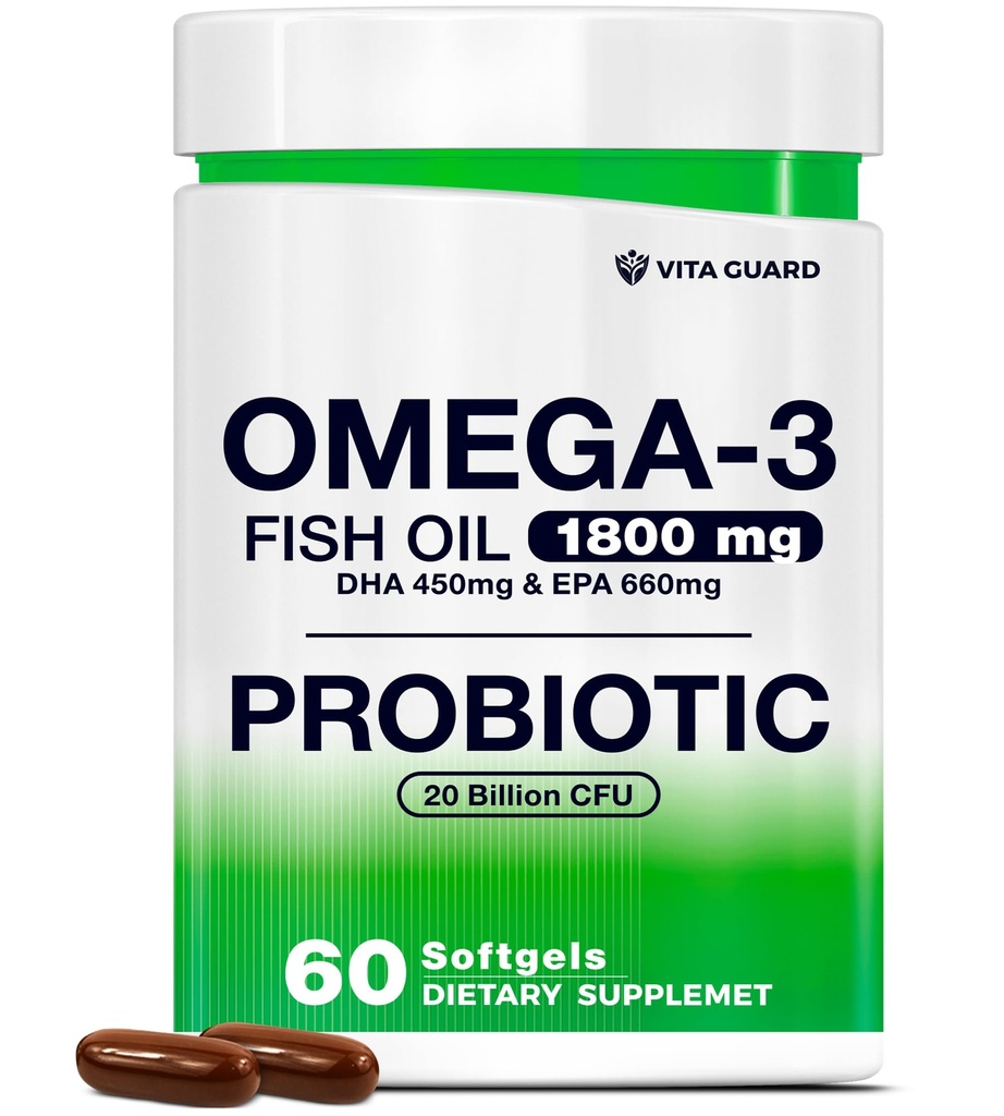 Omega-3 Fish Oil with Probiotics – 1800mg Fish Oil, 660mg EPA, 450mg DHA – Heart, Brain & Gut Support – 20 Billion CFU – Lemon-Flavored Burpless Softgels – Non-GMO, Gluten-Free