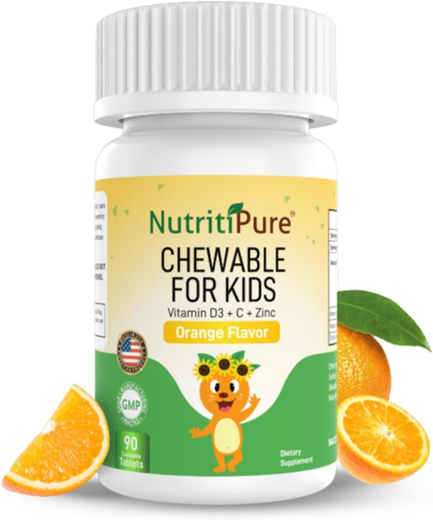 Chewable Vitamin D3 (Cholecalciferol) 25 mcg (1000 IU) + Zinc (Zinc Citrate) 5mg + Vitamin C 30mg for Kids Orange Flavor 90/Bottle (1)