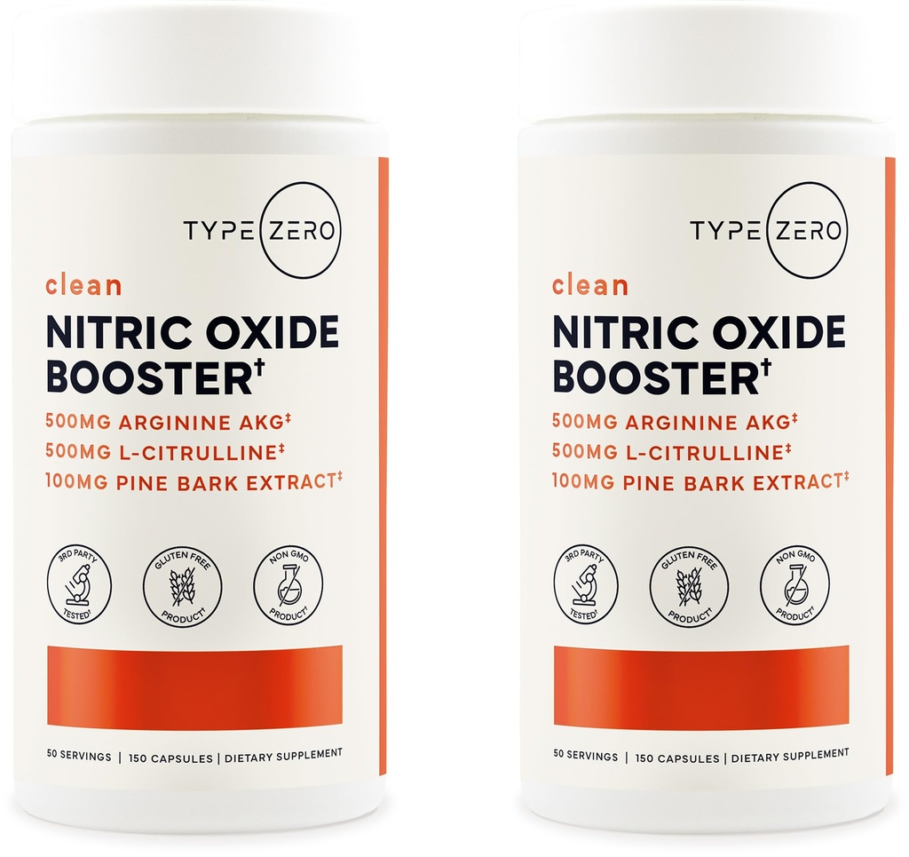 Type Zero Nitric Oxide 6X Booster, 150 Veggie Capsules - Natural Supplement - Beetroot, Arginine AKG, Citrulline, Pine Bark, Garlic & VIT C | Nitrous Oxide (Pack of 2)