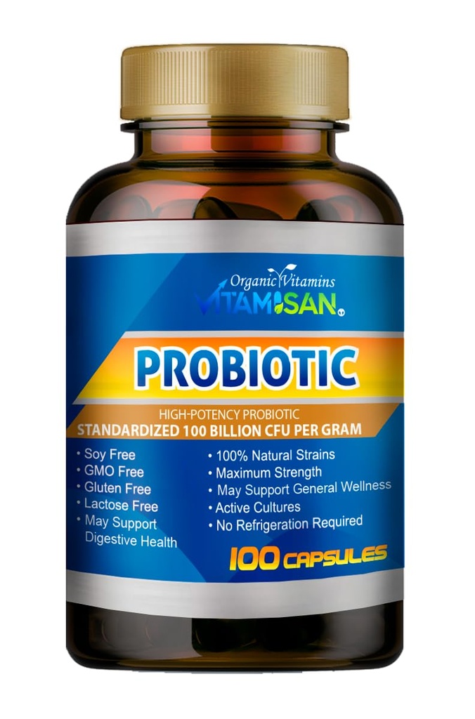VITAMISAN Probiotics for Women, Probiotics for Men and Adults, Natural, Shelf Stable Probiotic Probiotic Supplement with Organic Prebiotic, Acidophilus Probiotic 100 caps