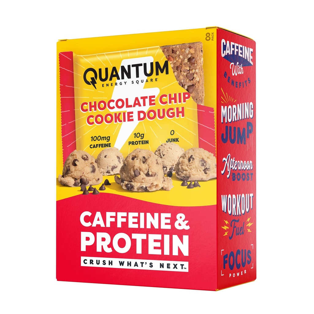 Quantum Energy Square: Energy Bar with Caffeine & 10g Protein. Delicious Healthy Snack On The Go. (Vegan, Gluten-free, Soy-free, Dairy-free) (Chocolate Chip Cookie Dough)