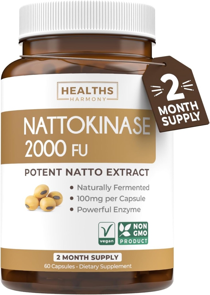Healths Harmony Nattokinase 2000 FU (Non-GMO) Powerful Nattokinase Supplement Made from Naturally Fermented Soybeans - (2 Month Supply) 60 Vegan Natto Capsules