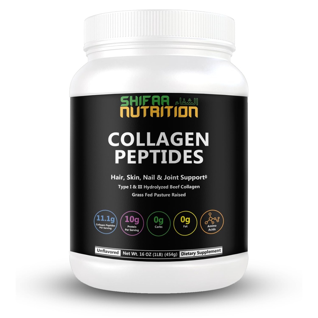 Halal & Grass Fed Collagen Peptides Powder 1 lb. 16oz Unflavored Hydrolyzed Collagen Peptides Powder Type I & Type III for Hair, Skin, Nails & Joints | Keto & Paleo Friendly | Sugar & Gluten Free