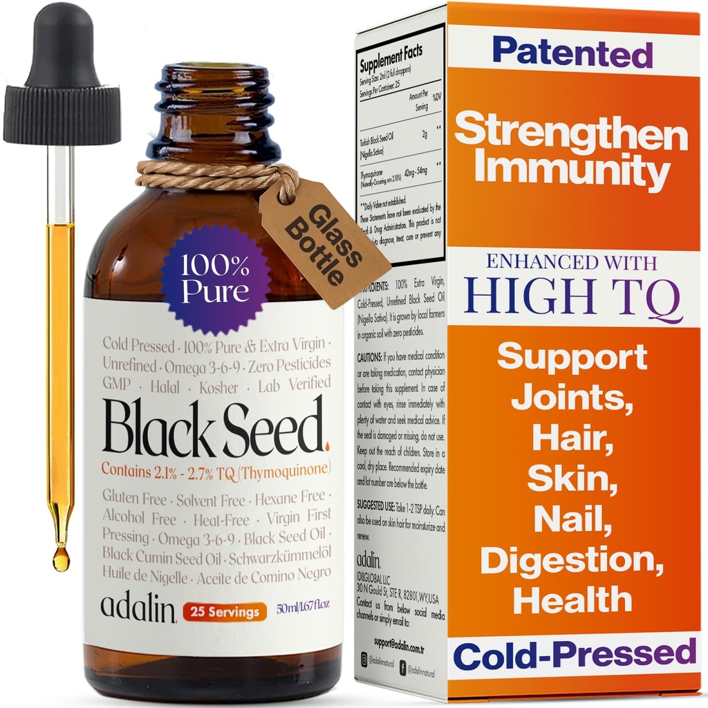 adalin Black Cummin Seed Oil Liquid Drops 1.67 fl oz | Nigella Sativa Seed Oil | High Thymoquinone | Cold Pressed | Glass Bottle | Blackseed | Vegan | Gluten Free