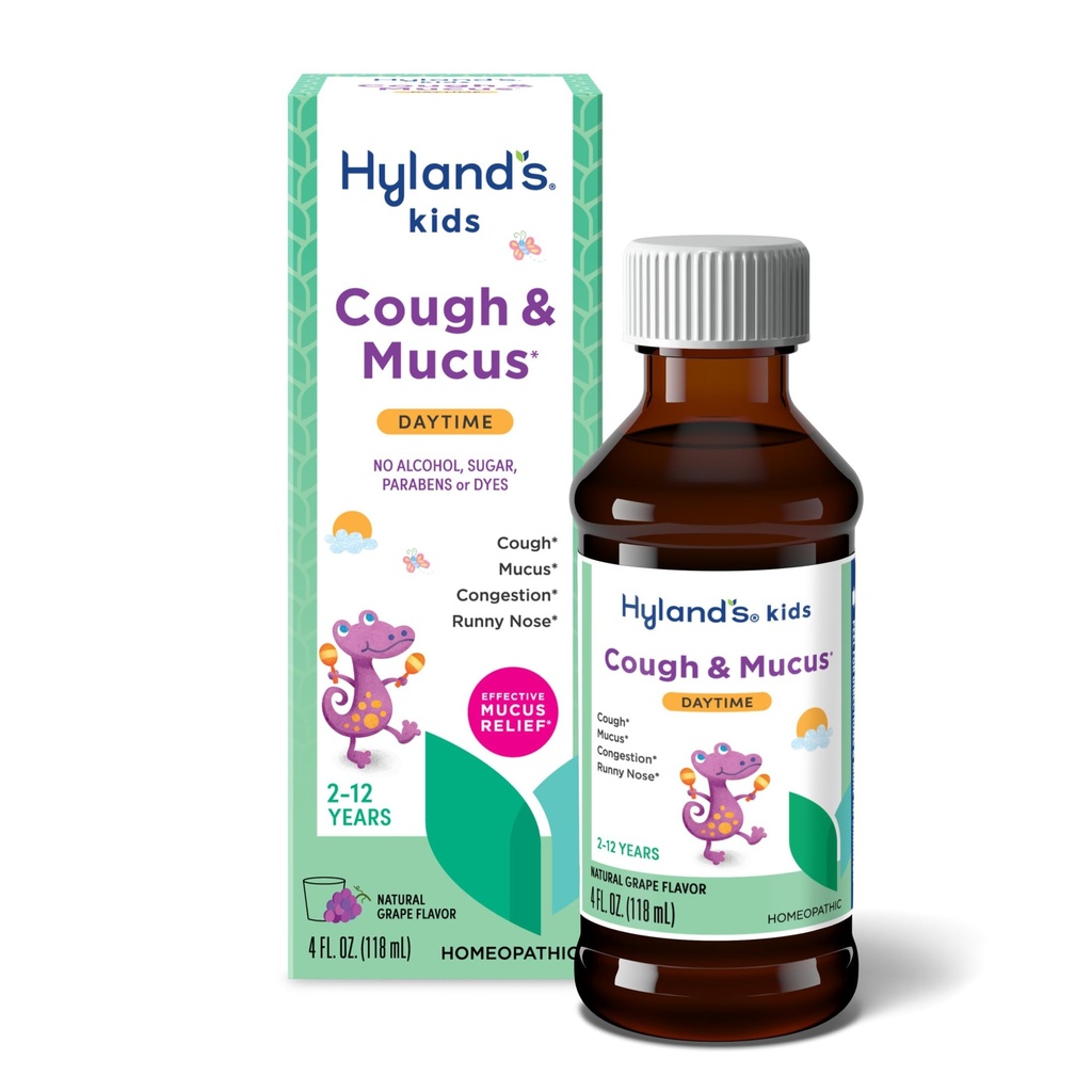 Hyland's Kids Daytime Cough Syrup and Mucus Relief, Kids Medicine for Ages 2-12, Grape Flavor, Natural Relief of Cough, Runny Nose, Mucus and Congestion, 4 Ounces