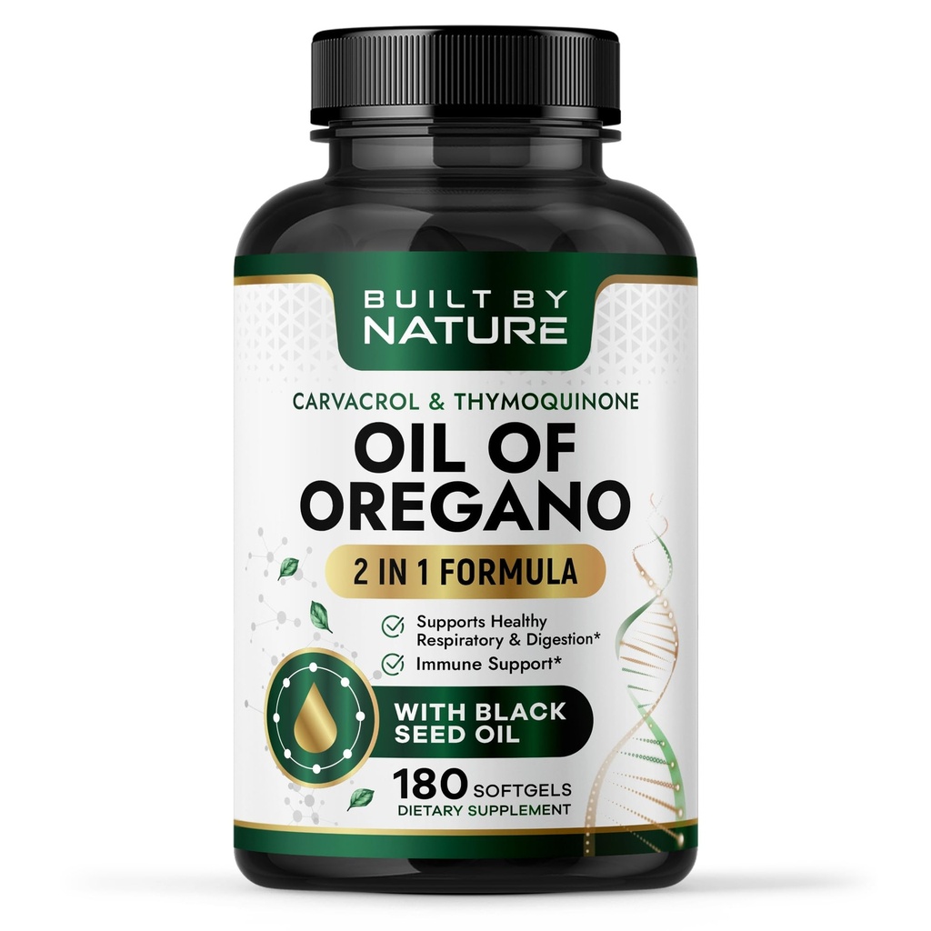 Built by Nature Oil of Oregano with Black Seed Oil – Oregano Oil Capsules – Immune Support Supplement – High Carvacrol & Thymoquinone Antioxidants – 180 Softgels