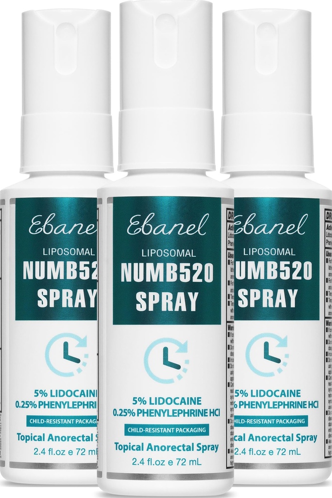 Ebanel 3-Pack 5% Lidocaine Spray Pain Relief Numb520 Burn Itch Relief Numbing Spray for Skin, Topical Anesthetic Postpartum Hemorrhoid Treatment with Phenylephrine for Local and Anorectal Uses
