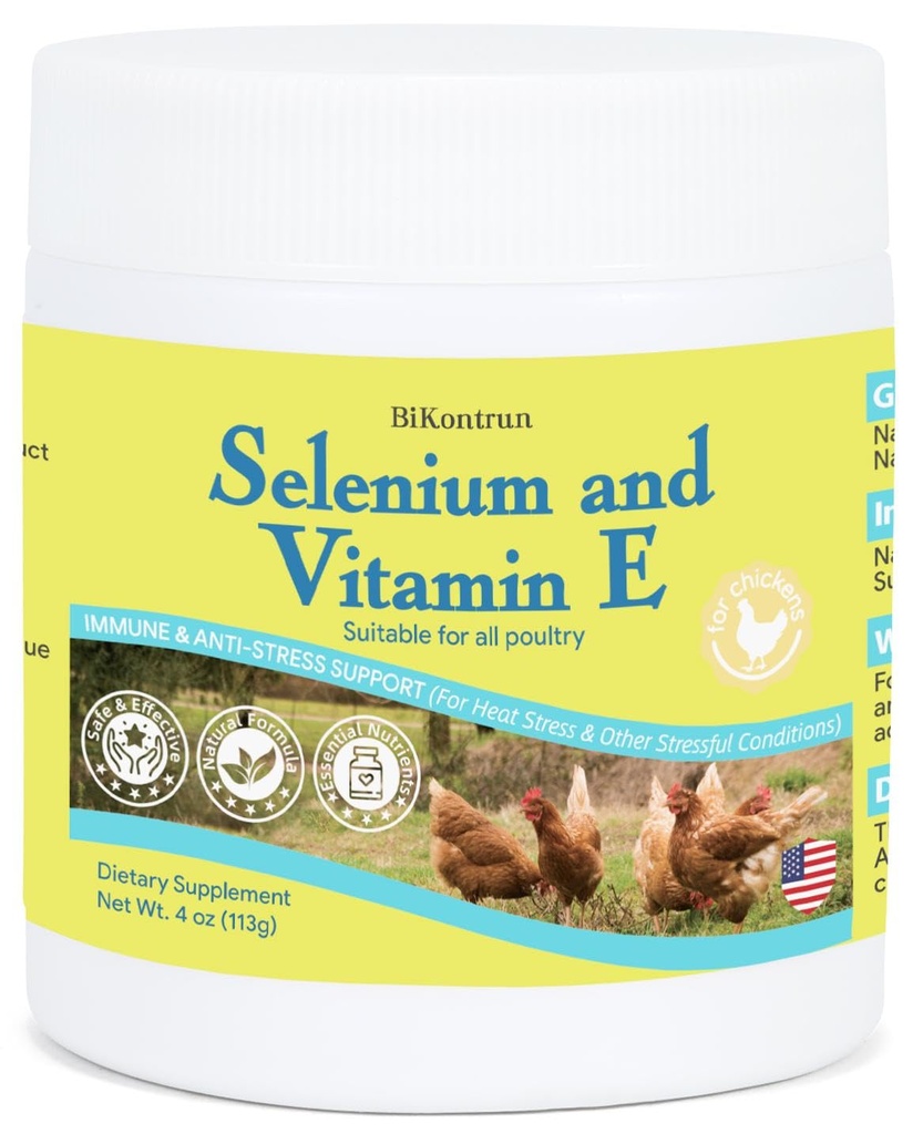 Selenium & Vitamin E Powder for Chickens, Selenium for Chickens, Immune System, Muscle Support & Prevents, Improve Wry Neck, Selenium, Vitamin E Supplements, Suitable for All Poultry, Chicken & More