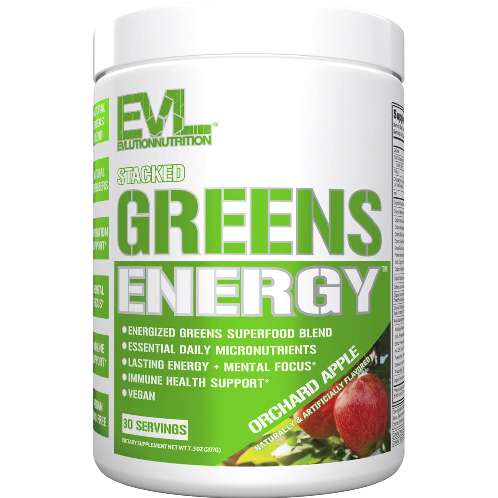 Evlution Greens and Superfoods Energy Drink Powder - EVL Super Greens Powder Smoothie Mix with Caffeine Spirulina Chlorella and Wheat Grass - Vegan - for Energy Focus and Immunity