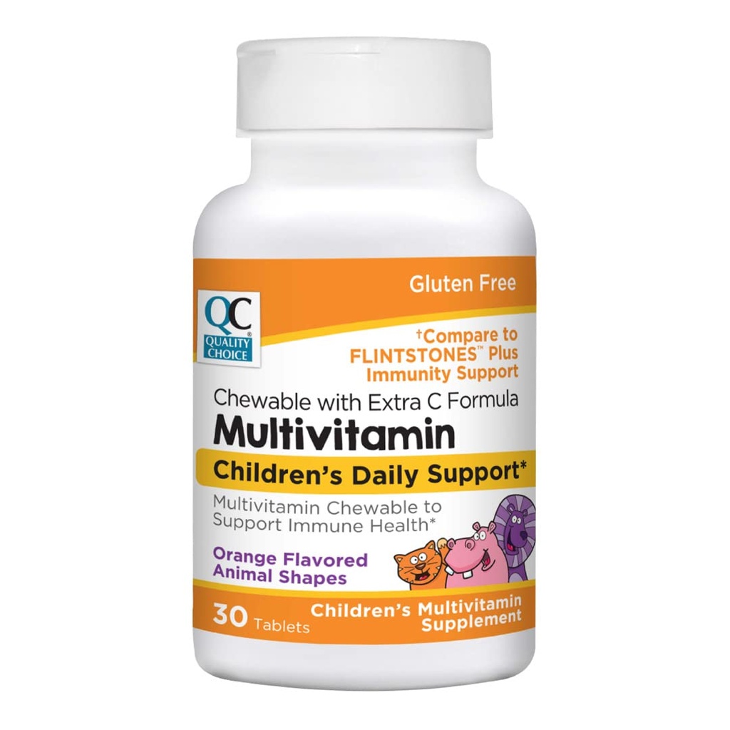 Quality Choice, Chewable Animal Shaped Children's Multivitamin with Extra Vitamin C, Children's Daily Support Orange Flavored Multivitamin Immune Health Supplement, 30 Count Bottle