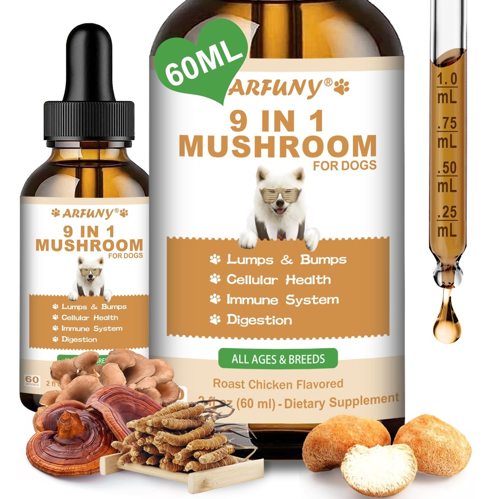 9 in 1 Mushroom Supplement for Dogs - Turkey Tail Mushroom for Dogs - Dog Lumps and Bumps Treatment - Digestive, Cellular, Immune Health Support - Reishi, Lions Mane, Shiitake - Roast Chicken Flavor