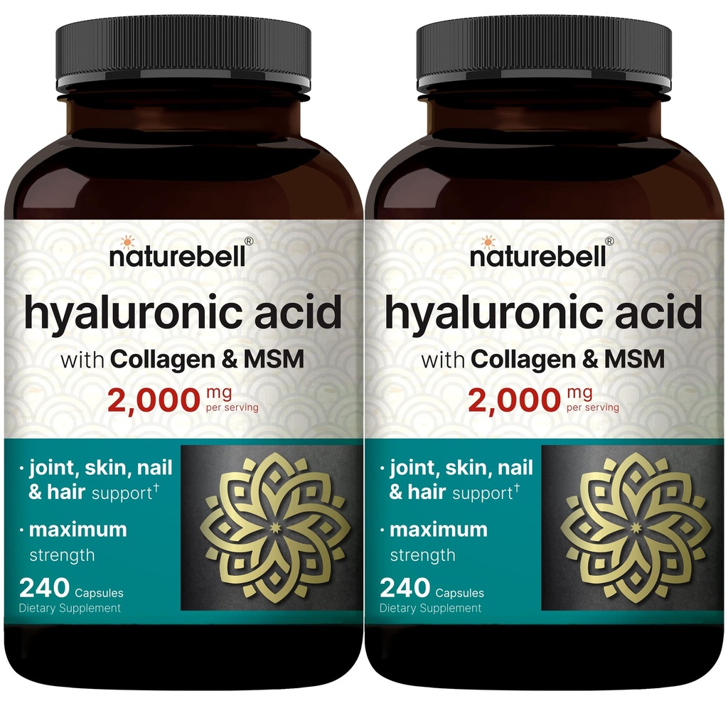 NatureBell 2 Pack Hyaluronic Acid Supplements 2,000 mg | 480 Total Capsules, with MSM & Hydrolyzed Bovine Collagen – 3 in 1 Support for Skin Hydration, Joint Lubrication, Hair, and Eye Health