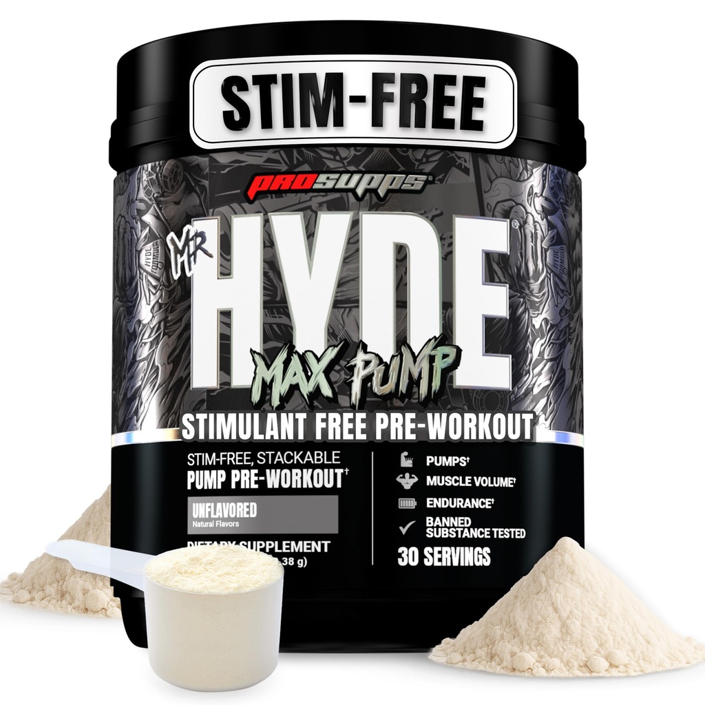 ProSupps Mr. Hyde Max Pump Pre Workout Powder - Stim-Free Preworkout Supports Blood Flow & Muscle Volume - Caffeine-Free Nitric Oxide Booster for Gym - Fitness Supplements (Unflavored, 30 Servings)