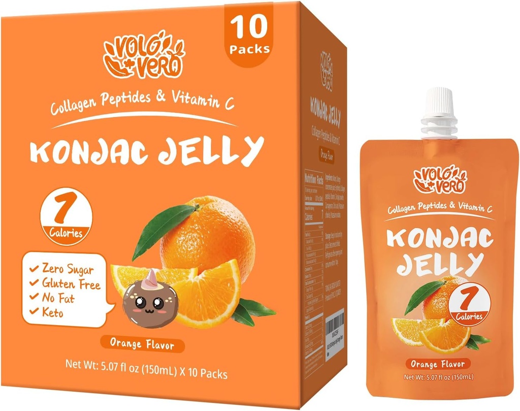 Konjac Jelly Pouch Drinkable Orange Flavor, Low Calories (7 Kcal), 10 Packs, Gluten Free, Keto, Sugar Free, Low Carb, Vitamin C Healthy Fruit Snacks, Holiday Gift