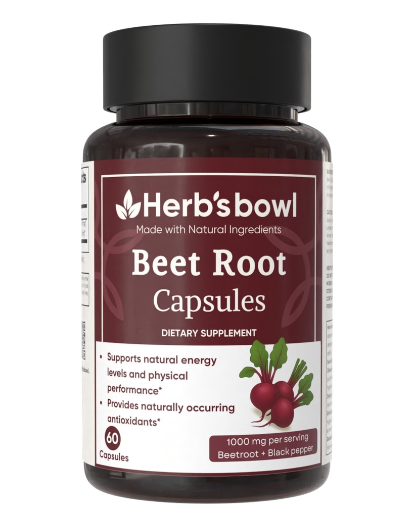 Herb's Bowl Beet Root Capsules, Dietary Supplement with Black Pepper, 1000 mg per Serving, Natural Energy Support, 60 Capsules