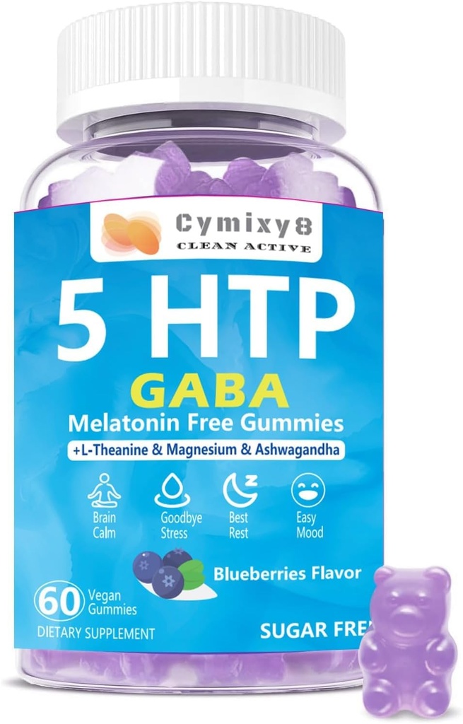 5-HTP GABA Gummies Blend 1700mg, Sugar-Free Calm Gummies with L Theanine, Magnesium, Ashwagandha, Omega-3-6-9, Vitamin D3,B6 for Natural Zzzs, Mood, Brain-Calm, Blueberry Flavor 60Count