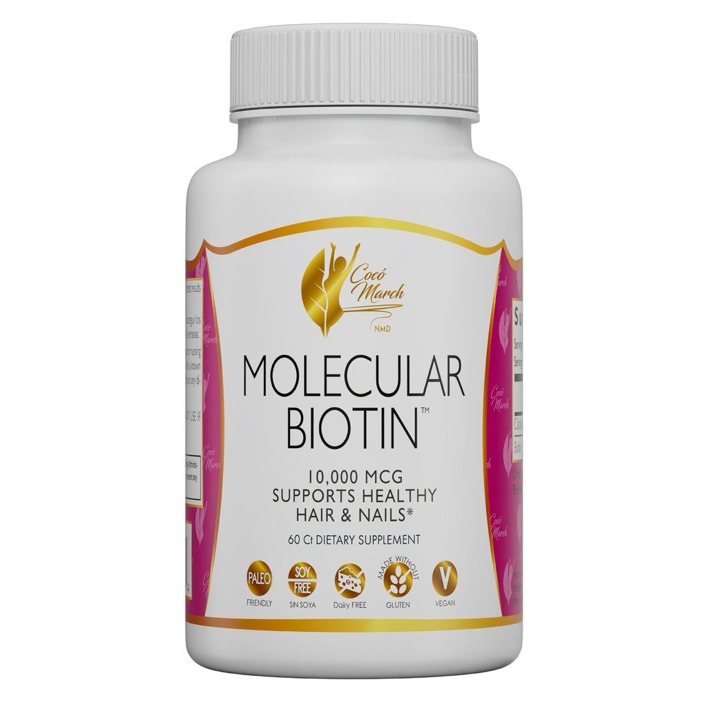 Cocó March N.M.D Molecular Biotin - 10,000 mcg, Supports Healthy Hair and Nails - Gluten Free, Soy Free, Dairy Free, Paleo Friendly, Vegan, 60 Servings