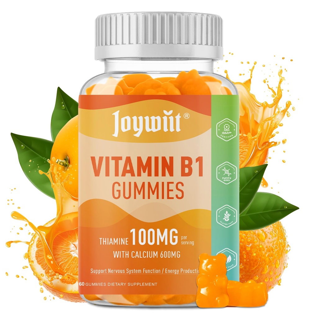Vitamin B1 Gummies 100mg for Adults & Kids, Thiamine B1 Supplement with 600mg Calcium, Nervous System Supports & Boost Energy, Orange Flavor, Non GMO, Vegan, 60 Chewable Gummies