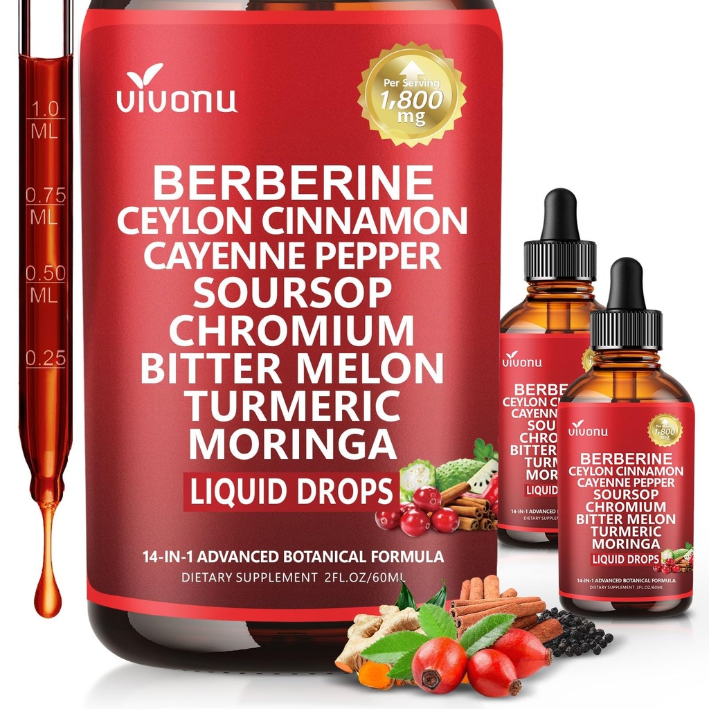 14-in-1 Berberine with Ceylon Cinnamon Supplement Liquid Drops, 1800mg + 30:1 Liposomal Tech with Cayenne Pepper, Soursop, Chromium, Bitter Melon, Turmeric, Moringa, Gymnema, Glucomannan, 2 Bottle