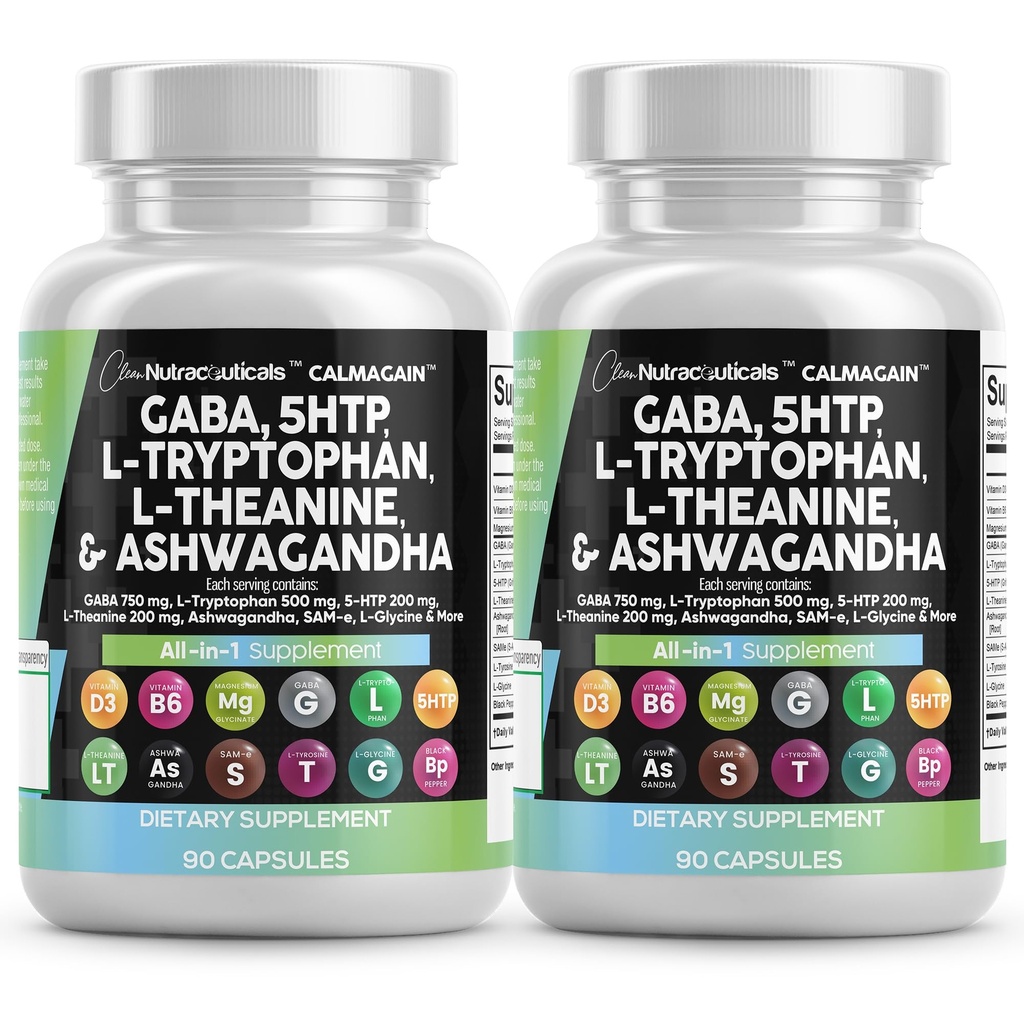 Clean Nutraceuticals GABA 750mg 5 HTP 200mg L Tryptophan 500mg L Theanine 200mg Ashwagandha SAM-e L-Glycine - Mood Support Vitamins for Women and Men with L-Tyrosine (90 Count (Pack of 2))