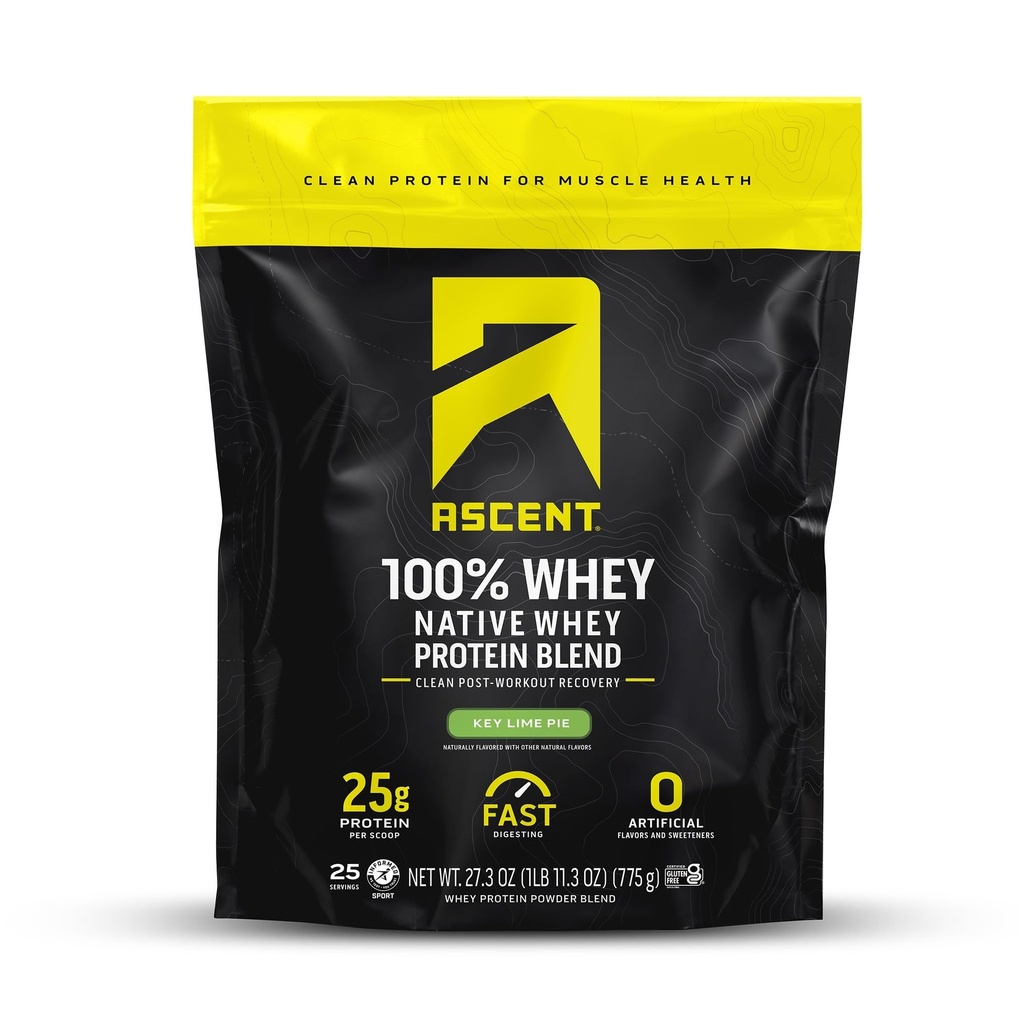 Ascent 100% Whey Protein Powder - Post Workout Whey Protein Isolate, Zero Artificial Flavors & Sweeteners, Gluten Free, 5.5g BCAA, 2.6g Leucine, Essential Amino Acids, Key Lime Pie, 1.7 lb