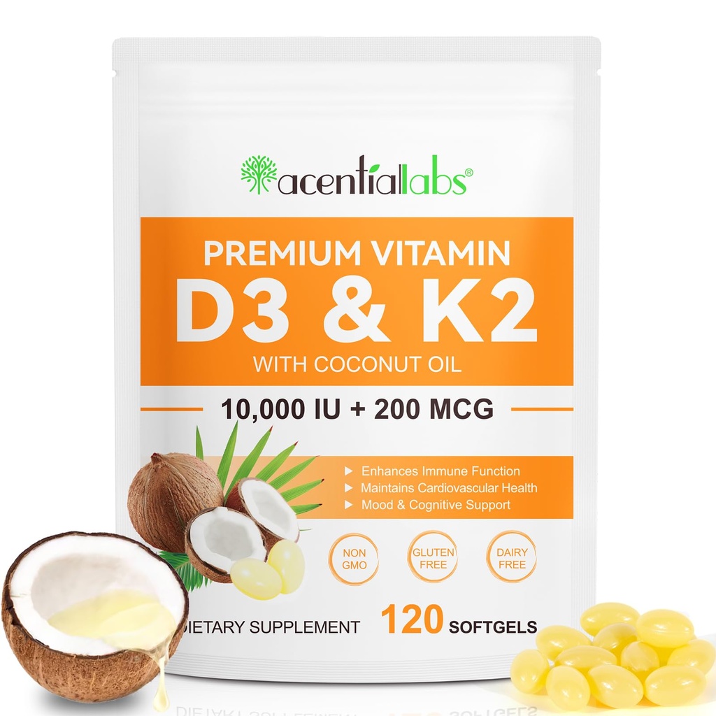 flasture Vitamin D3 K2 Supplement Softgels, 10000 IU VIT D3 + 200 MCG K2 (MK-7) | 2-in-1 Replenish Formula with Coconut Oil, Supports in Calcium Absorption, Easy to Swallow 120 Capsules.