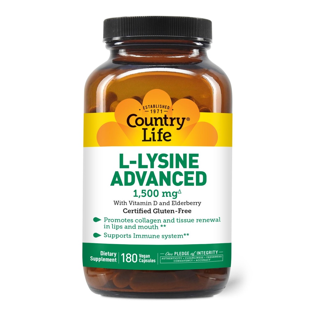Country Life L-Lysine 1500mg Capsules with Vitamin D & Elderberry – Advanced Immune Support and Collagen Renewal – Certified Gluten-Free & Vegan – 180 Capsules