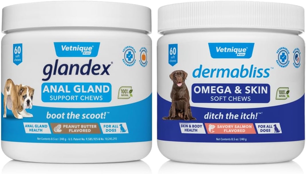 VETNIQUE Dermabliss Omega & Skin Supplement Chews for Dogs (60ct) & Glandex Anal Gland Support Peanut Butter Soft Chews for Dogs (60ct) Bundle