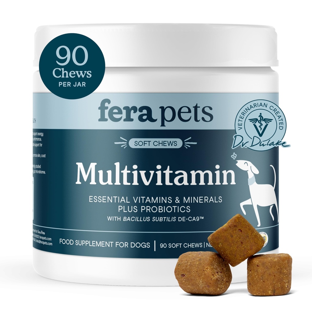 Fera Pets Dog Multivitamin Chews with Glucosamine and Probiotics - Essential Dog Vitamins & Minerals - Promotes Healthy Digestion & Joints - Boosts Skin & Coat Health with Omega-3s - 90 Soft Chews