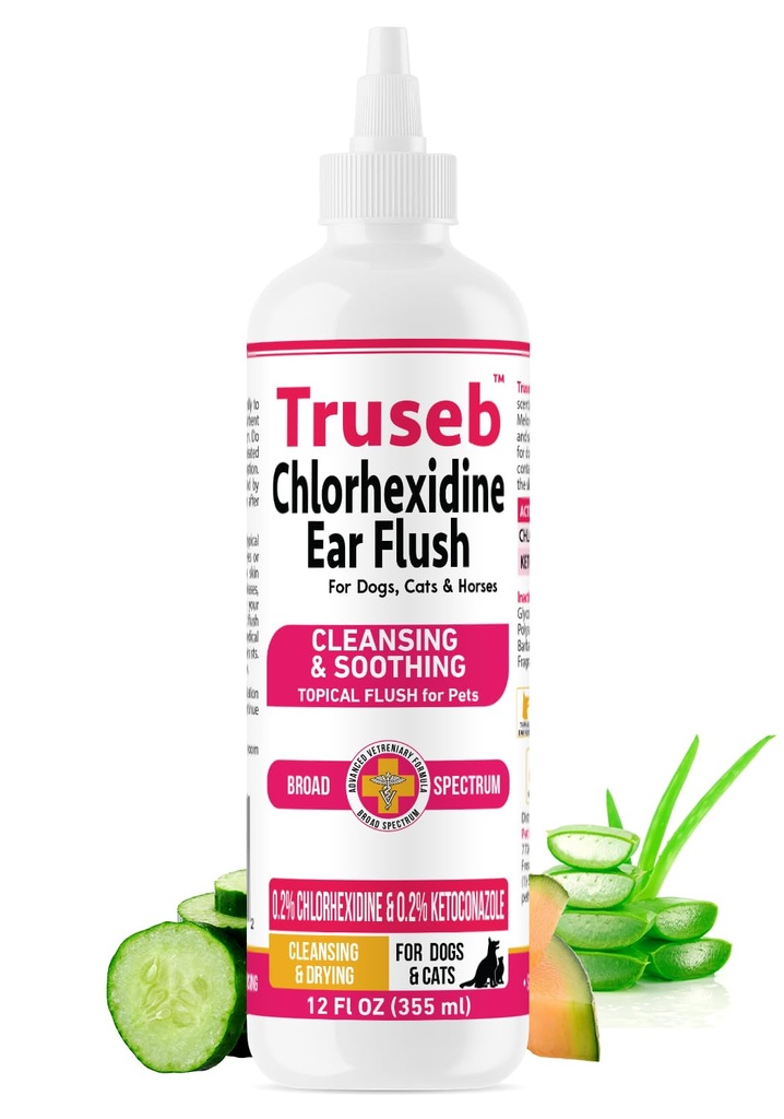 Truseb Advanced Topical Dog Ear Wash with Ketoconazole & Chlorhexidine Ear Flush Dog, Cats and Horses, with Aloe - 12 oz Made in U.S.A (Ketoconazole & Chlorhexidine Ear Flush, 12 oz)