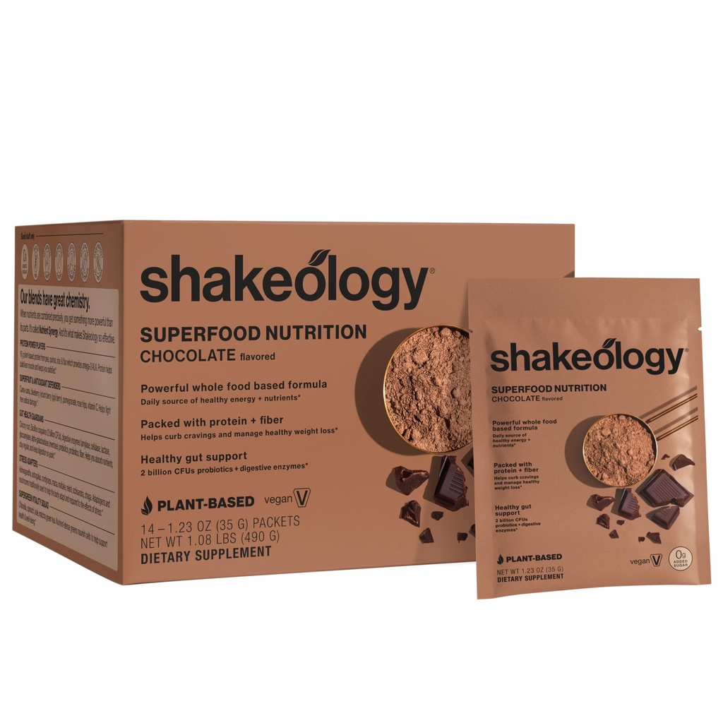 Shakeology 0g Added Sugar Plant-Based Vegan Protein Powder – Gluten-Free Superfood Shake with Vitamins & Minerals – Helps Support Healthy Weight Loss & Gut Health, Chocolate, 14 Individual Packets