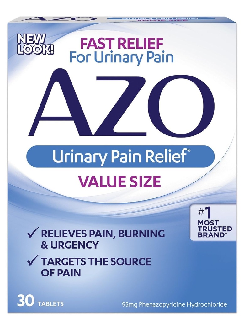 AZO Urinary Pain Relief Value Size, with Phenazopyridine Hydrochloride, Fast Relief, Relieves UTI Pain, Burning & Urgency, Targets the Source of Pain, #1 Most Trusted Brand, 30 Tablets