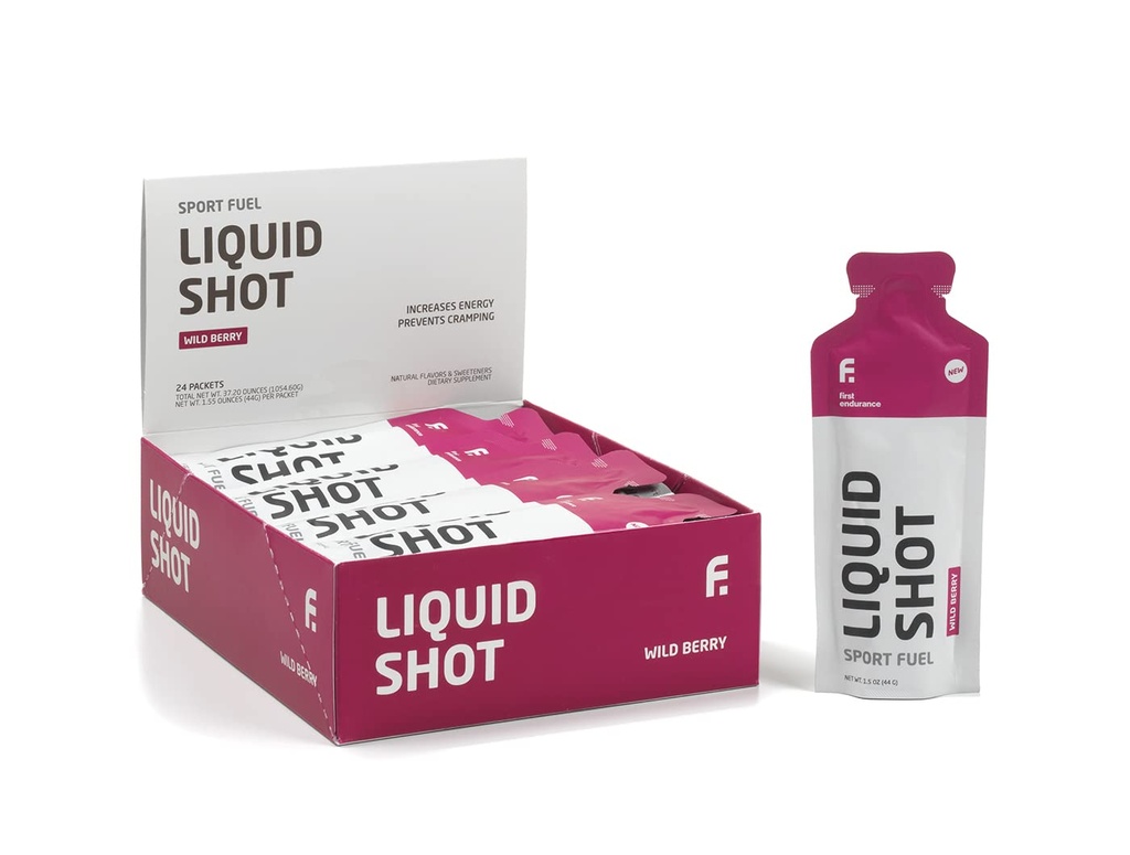 FIRST ENDURANCE Liquid Shot - Running, Cycling, Triathlon Fuel for Instant Energy and Cramp Relief | Electrolytes, High Carb | Liquid Energy for Endurance Sports | Wild Berry