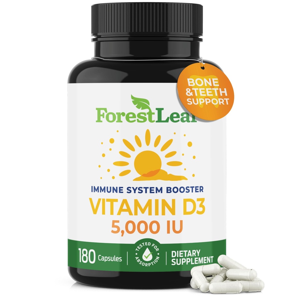 ForestLeaf Vitamin D3 5000 IU | VIT D - VIT D3 Vitamin D Supplements for Women and Men | Bone Health, Teeth and Immune Support | Easy to Swallow Pills | One Capsule Daily, 6-Month Supply, 180 Count