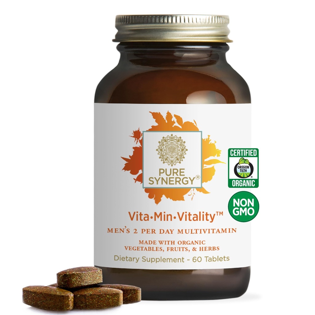 PURE SYNERGY Vita·Min·Vitality | Natural Multivitamin for Men | Men’s Daily Multivitamin Made with Organic Whole Foods | for Energy, Stress, and Immune Support (60 Tablets)