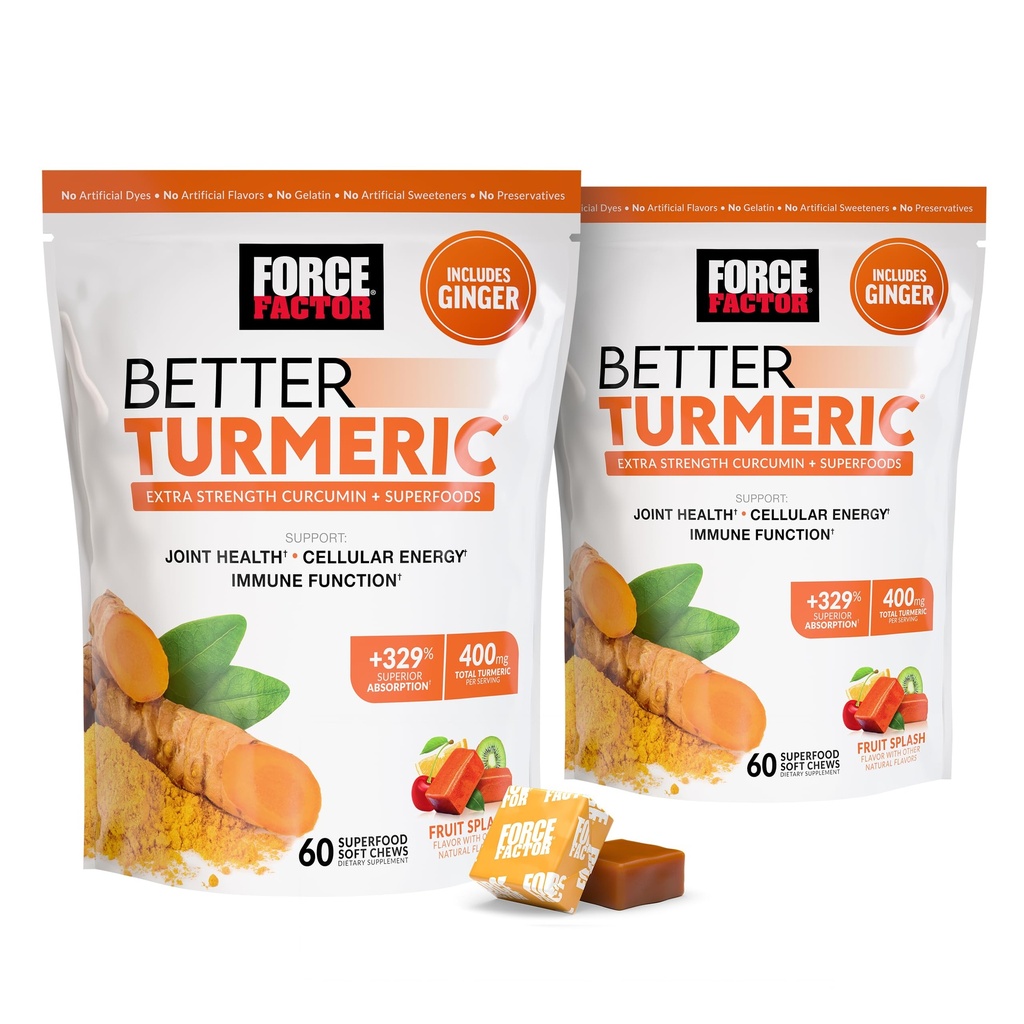 Force Factor Better Turmeric Joint Support Supplement for Extra Strength Joint Health, Featuring HydroCurc Turmeric Curcumin with Black Pepper for Superior Absorption, Fruit Splash, 120 Soft Chews