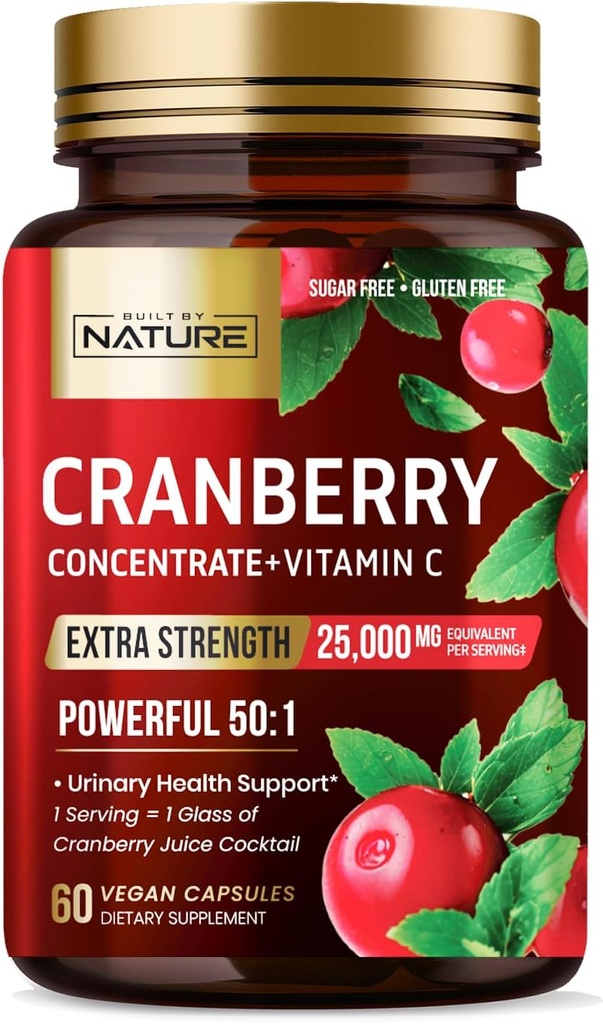 Built by Nature Cranberry Pills 25,000mg - Extra Strength 50:1 Concentrate Extract with Vitamin C - Urinary Tract Health Supplement for Women - Non-GMO, Sugar Free, Vegan - 60 Capsules