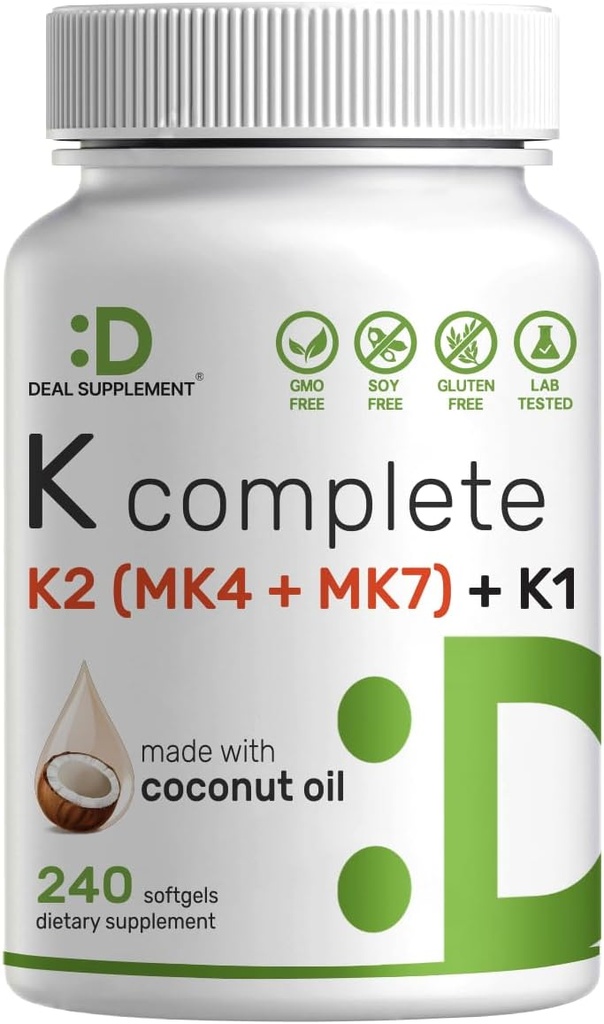 DEAL SUPPLEMENT Vitamin K Complete - 240 Coconut Oil Softgels | High Potency Vitamin K2 (MK-7 and MK-4) & K1 | Full Spectrum Triple Vitamin Ｋ | Bone, Joint, & Immune Support – Non-GMO