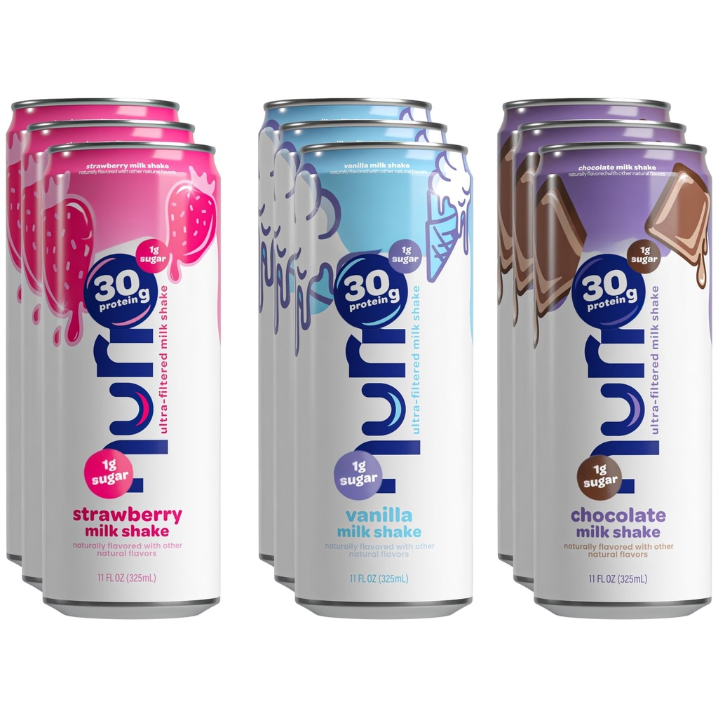 Nurii Ultra Filtered Milk Shake, 30g Protein - 3 Flavor Variety Sampler, Ready-to-Drink Cans, Lactose Free, Low Sugar - 11 fl oz (9 Pack)