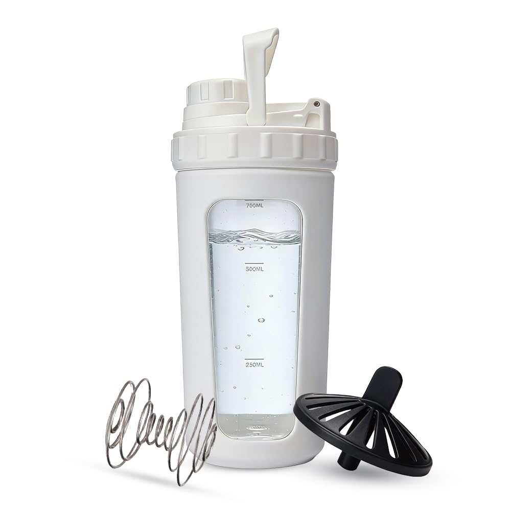 26oz Glass Protein Shaker Bottle, Stainless Steel Mixing Ball & Silicone Sleeve, Odorless, Leak-Proof, BPA-Free, Ideal for Smoothies & Workout Drinks(Frost White)
