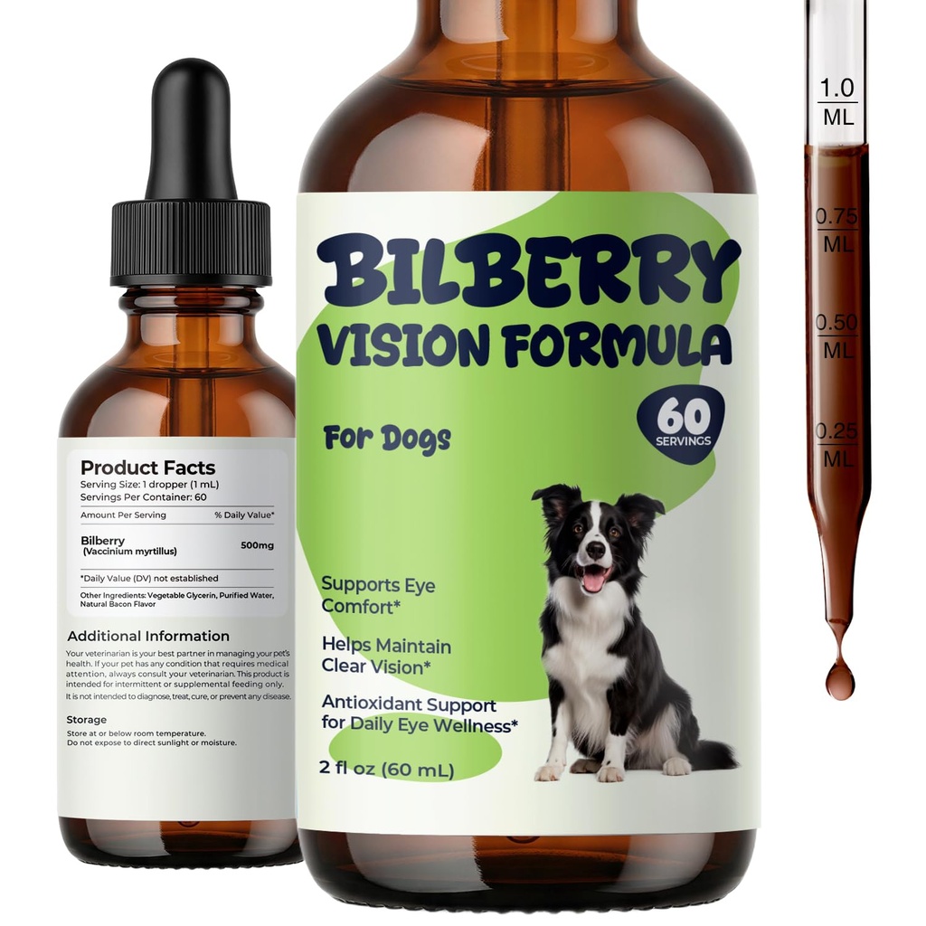 Bilberry Advanced Vision Formula for Dogs, Bilberry Extract Liquid Drops, Dog Eye Health Supplement, Supports Clear Vision & Eye Comfort with Antioxidant Support, Easy to Add to Food, 2 fl oz