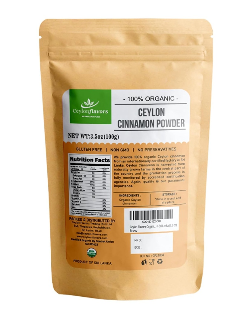 Ceylon Flavors Organic Ceylon Cinnamon Powder, Premium Special Grade, Non GMO, Harvested from a USDA Certified Organic Farm in Sri Lanka (3.5 oz)
