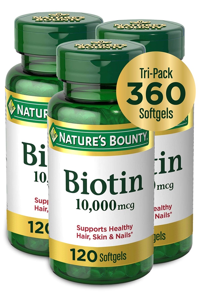 Nature's Bounty Biotin Hair Skin and Nails Vitamins, Supports Healthy Hair, Skin and Nails, 10,000 mcg, 120 Count (Pack of 3)
