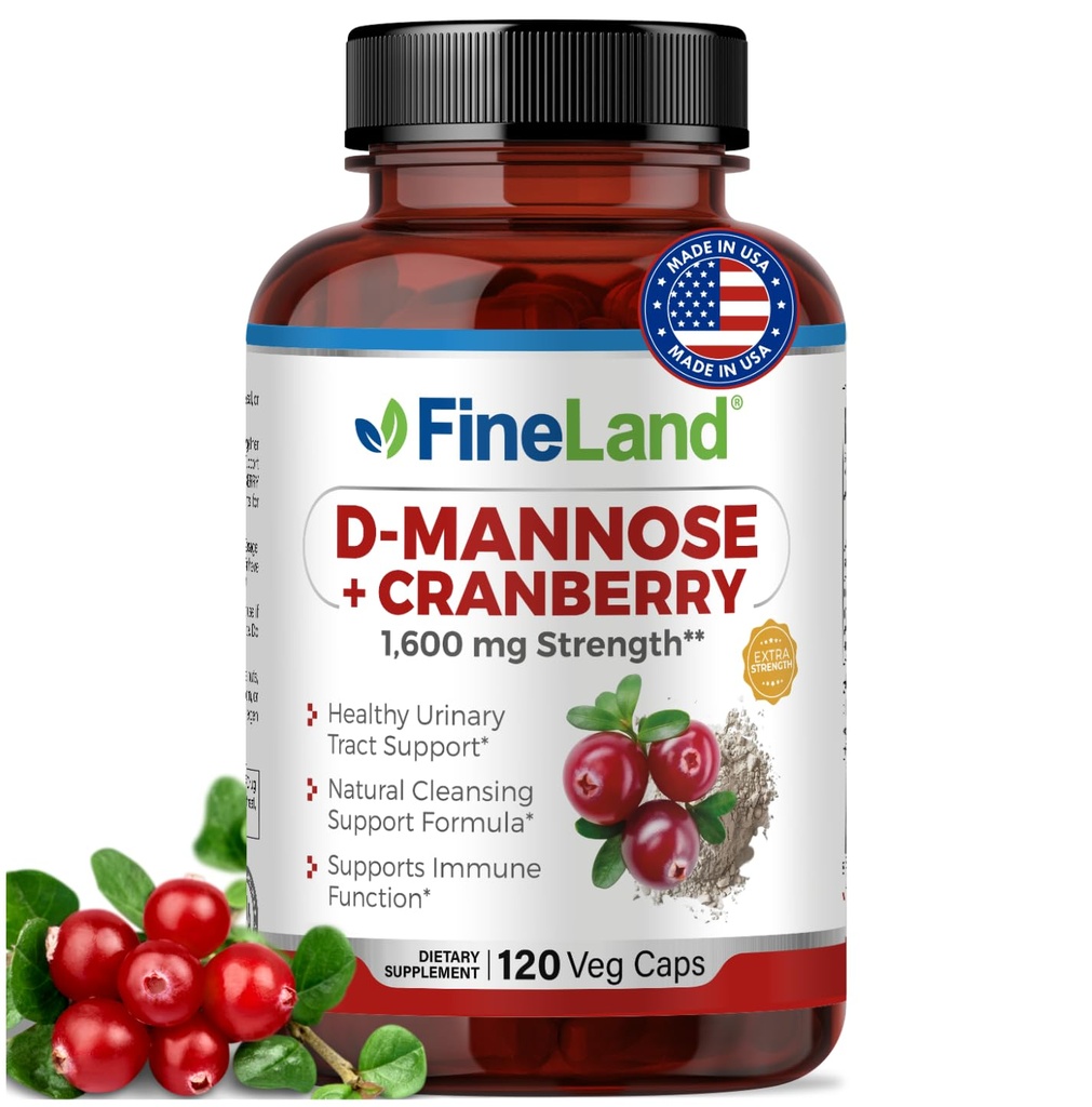 FineLand D-Mannose + Cranberry – 1600mg per Serving – 120 Vegan Capsules – Urinary Tract & Bladder Health Support – Non-GMO, Gluten-Free, Made in USA