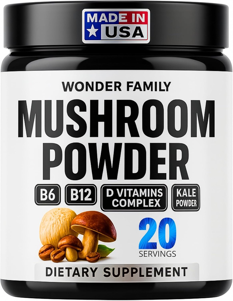 Instant Mushroom Powder 10:1 – Cordyceps Mushroom Supplement with Reishi, Chaga & Shiitake – Caffeine-Free Nighttime Drink with B6, B12, D + Probiotics Mushroom Cacao Organic Blend (No Sweetener)