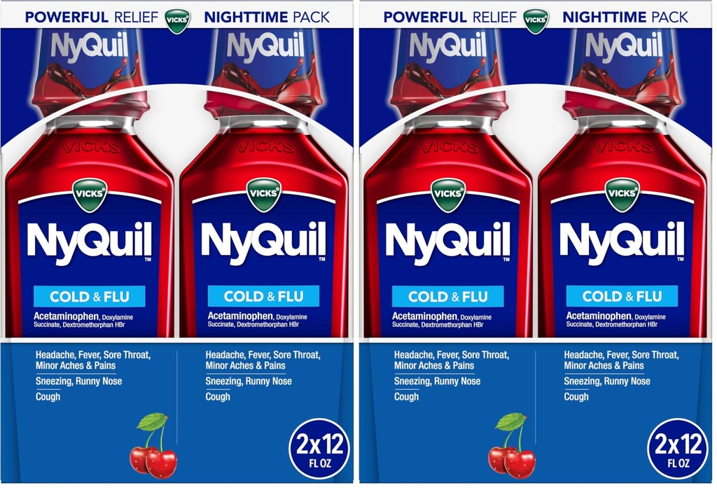 Vicks NyQuil, Nighttime Relief of Cough, Cold & Flu Relief, Sore Throat, Fever, & Congestion Relief, Cherry Flavor, Twin Pack, 12 FL OZ (Pack of 2)