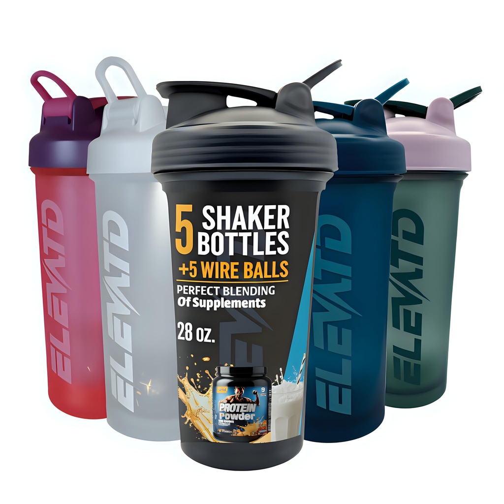 ELEVATD 5-Pack Protein Shaker Bottles (28 fl oz) – Leak-Proof Lid, Whisk Ball, Durable Carry Loop – BPA-Free Gym Mixer for Protein Powder & Supplements – Sleek, Fresh Colors