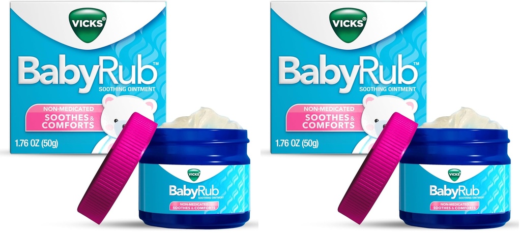 Vicks BabyRub Chest Rub Ointment with Soothing Aloe, Eucalyptus, Lavender, and Rosemary, from the makers of VapoRub, 1.76 oz (Pack of 2)