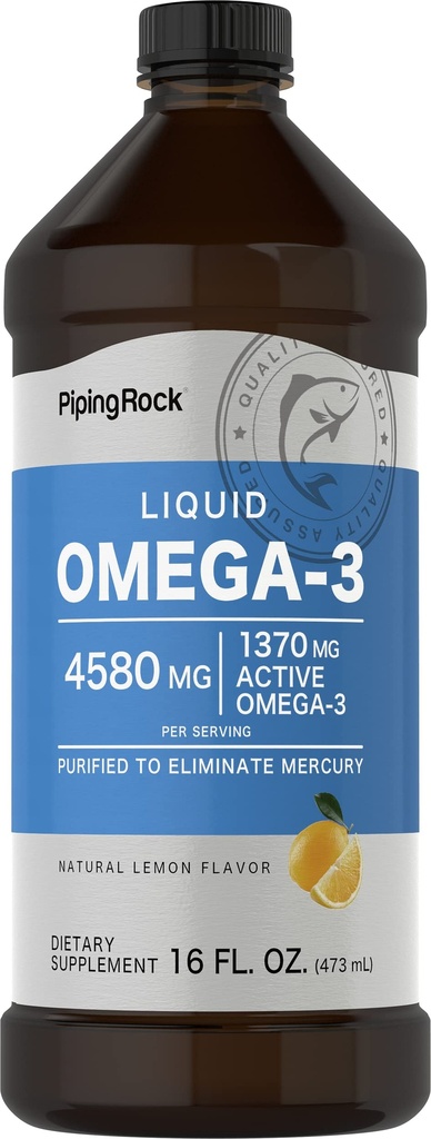 Piping Rock Omega 3 Fish Oil Liquid Supplement | 16 Fl Oz | Mercury Free | Lemon Flavor | 1370 mg Active Omega-3 | for Men and Women | Non-GMO, Gluten Free