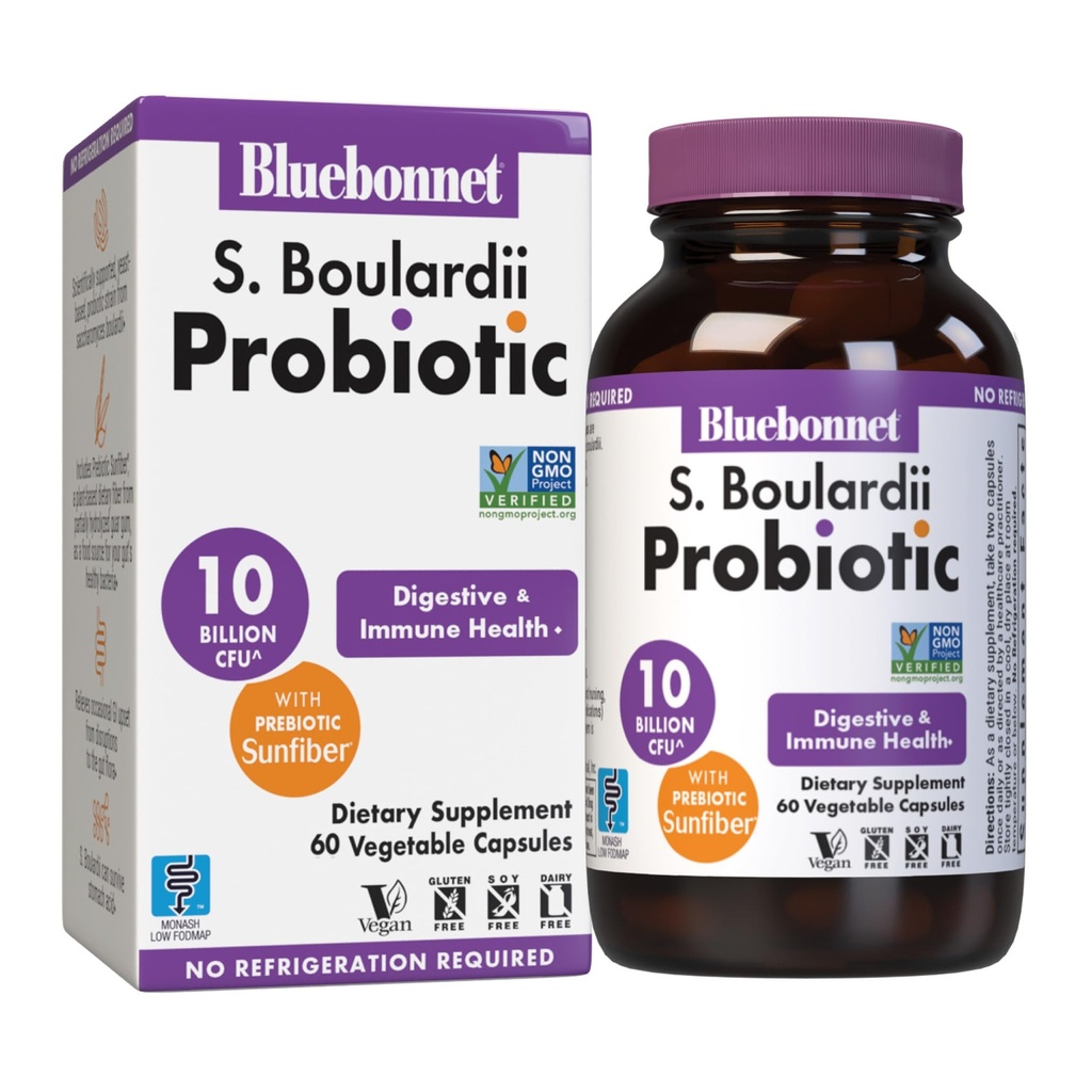 BlueBonnet Nutrition S. Boulardii Probiotic 10 Billion CFU^ w/Prebiotic Sunfiber – Shelf Stable - for Women & Men Digestion, Gut, Mood* - Non-GMO, Vegan, Free of Gluten, Dairy & Soy - 30 Servings